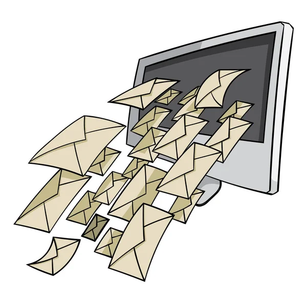 动画片计算机屏幕与查出的信件在白色背景 — 图库矢量图片