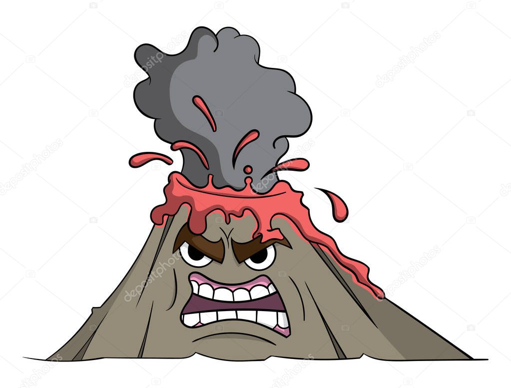 cartoon angry volcano erupting isolated on white background, vector, illustration 