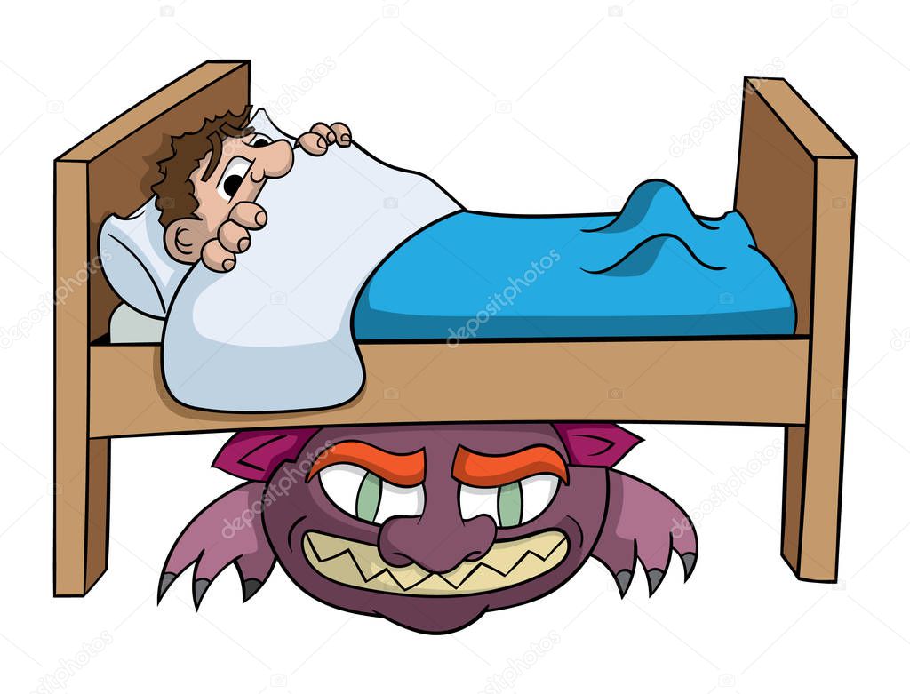 cartoon boy afraid monster under bed isolated on white background, vector, illustration 