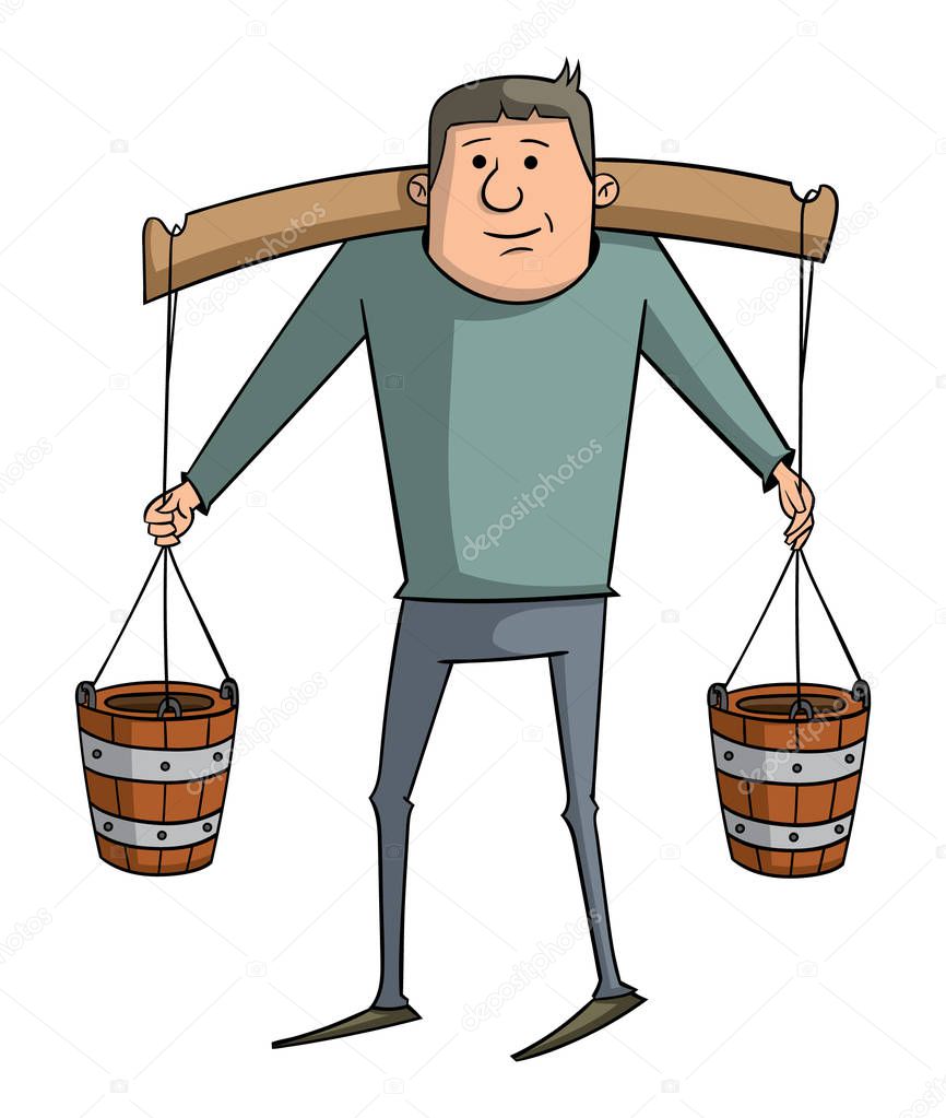 cartoon character of man carrying rocker with buckets of water isolated on white background, vector, illustration 