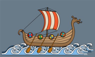 Çizgi film viking gemisi okyanus gri arka plan üzerinde yelken