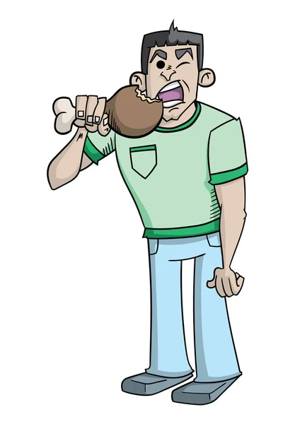 Karikatur Mann Essen Truthahnbein Isoliert Auf Weißem Hintergrund — Stockvektor