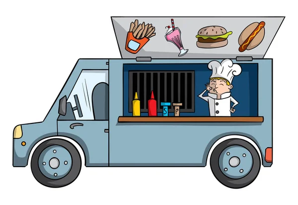 Cartoon Food Truck Mit Koch Inneren Isoliert Auf Weißem Hintergrund — Stockvektor