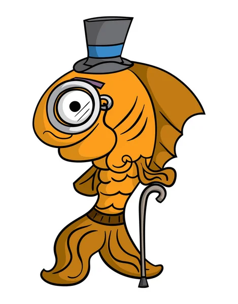 Balık gösterimi beyaz arka plan üzerinde izole kamışı ile yürüme dik çizgi film