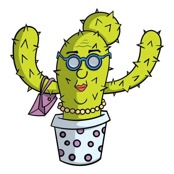 Cartoon Cactus Personaggio Della Vecchia Signora Isolato Sfondo Bianco — Vettoriale Stock