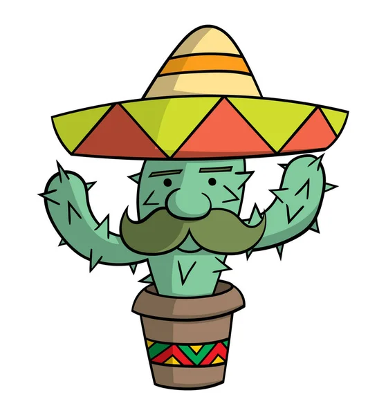 Cactus Mexicain Avec Moustache Sombrero Isolés Sur Fond Blanc — Image vectorielle