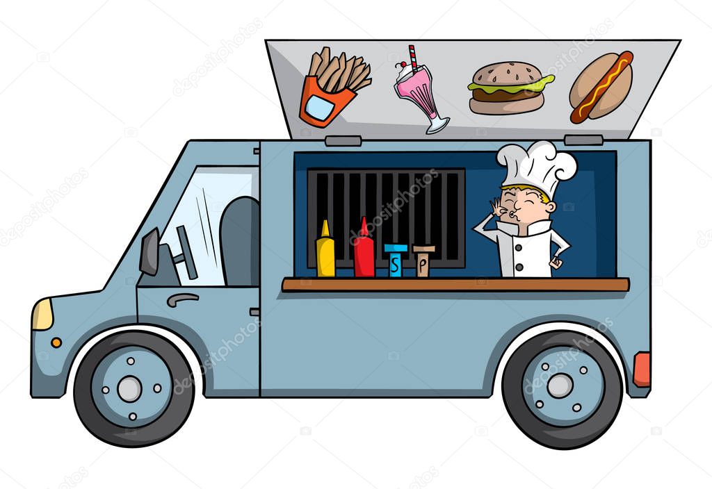 Cartoon food truck with chef inside isolated on white background