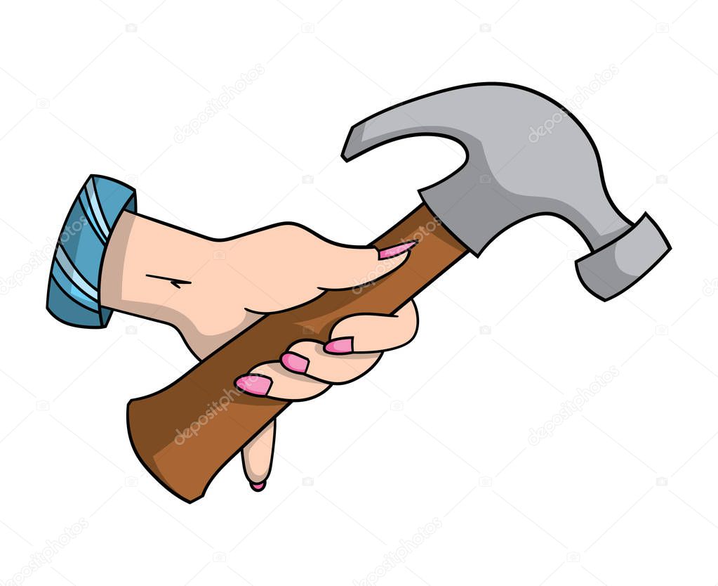 Cartoon style illustration of female hand holding hammer isolated on white background