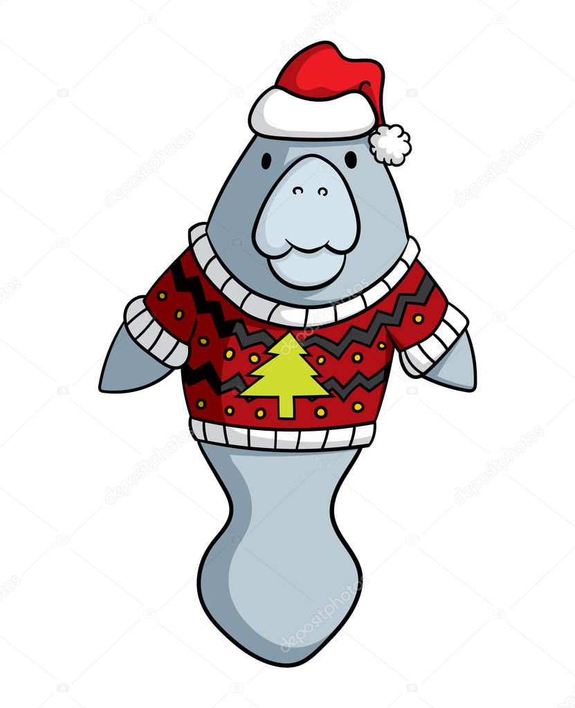 Cartoon manatee with Christmas hat and sweater