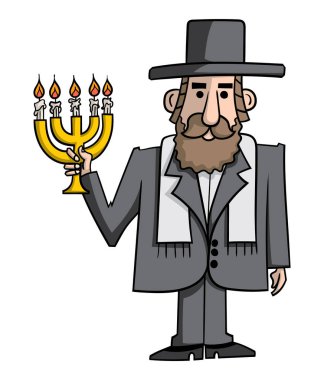 Beyaz arka plan üzerinde izole menorah tutan haham çizgi film tarzı gösteren resim