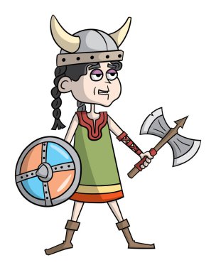Balta ve beyaz arka plan üzerinde izole kalkan ile viking kız çizgi film tarzı gösteren resim