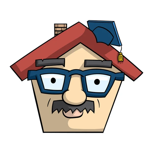 Cartoon Haus Mit Mütze Brille Und Schnurrbart Isoliert Auf Weißem — Stockvektor