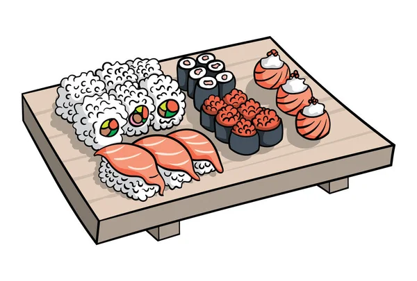 Bandeja Sushi Dibujada Mano Aislada Sobre Fondo Blanco — Vector de stock