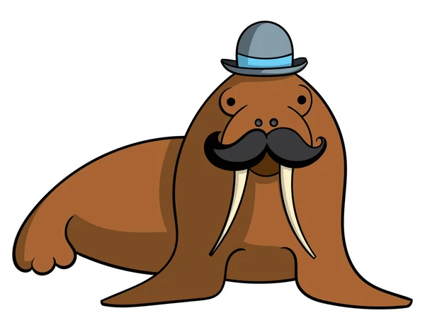 Cartoon Walrus Met Snor Bowler Hat — Stockvector