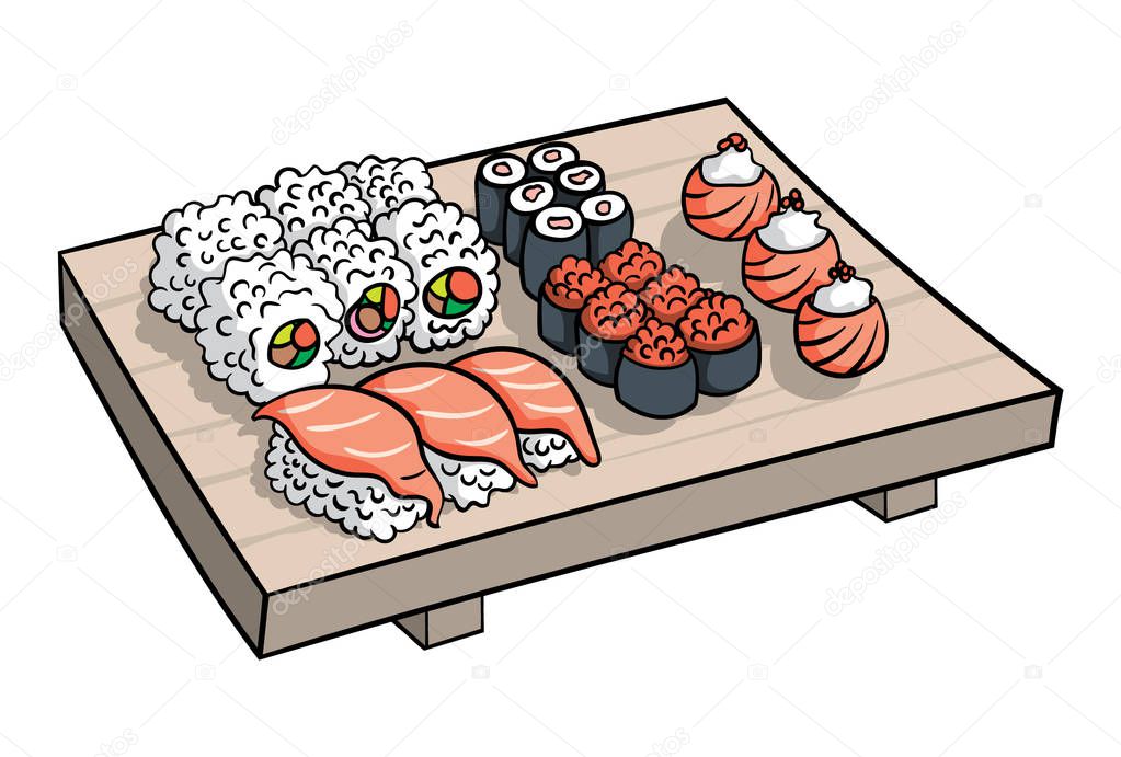 Hand drawn sushi platter isolated on white background