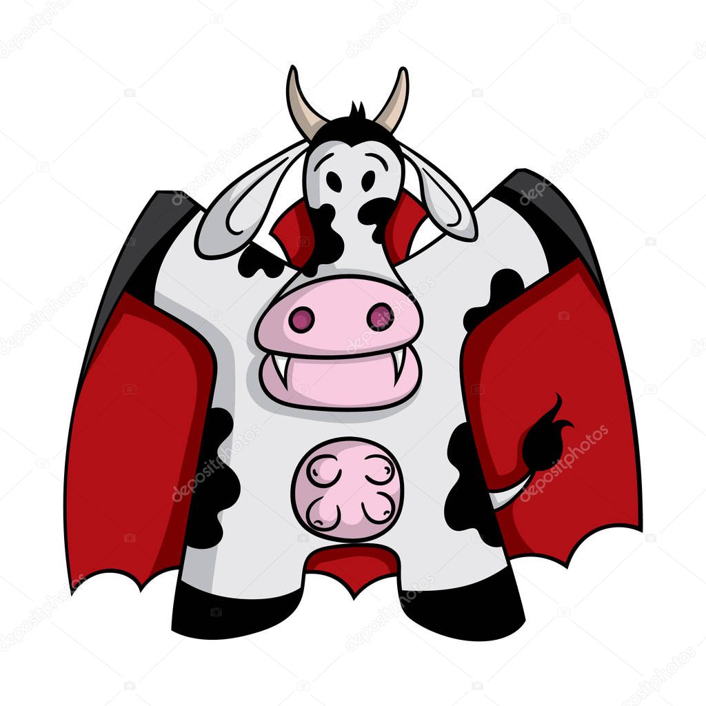 Cartoon style vampire cow with fangs and cape