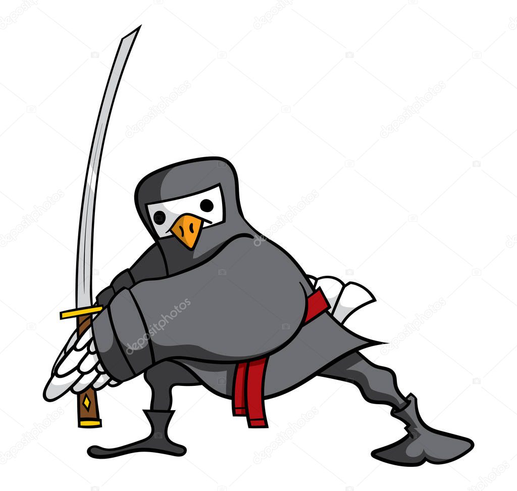 Cartoon pigeon ninja isolated on white background