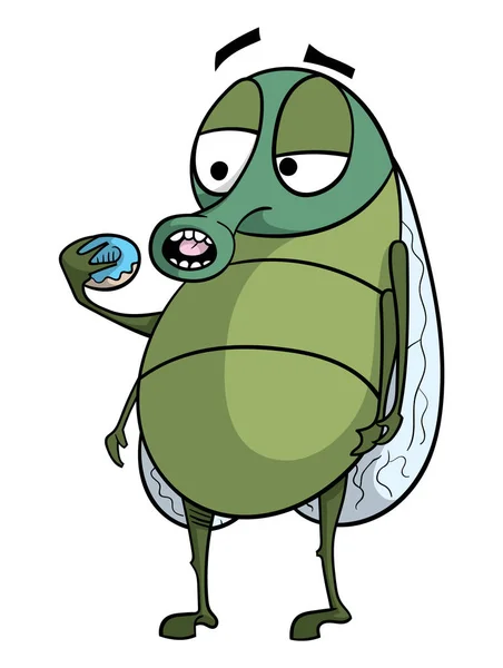 Mavi buzlanma ile bir çörek bir ısırık almak üzere bir sinek karakteri karikatür Illustration