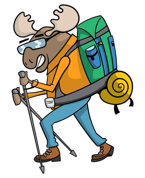 Ilustración Dibujos Animados Personaje Alce Caminando Con Una Mochila — Vector de stock