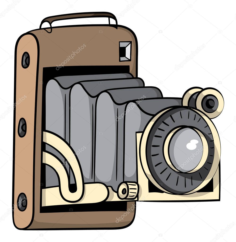 Cartoon style hand drawn illustration of a vintage camera.