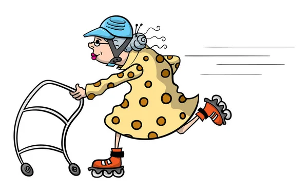 一位老太太加速与她的步行者和一套滚筒刀片的卡通插图 — 图库矢量图片
