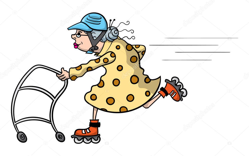 Cartoon illustration of an old lady speeding along with her walker and a set of roller blades