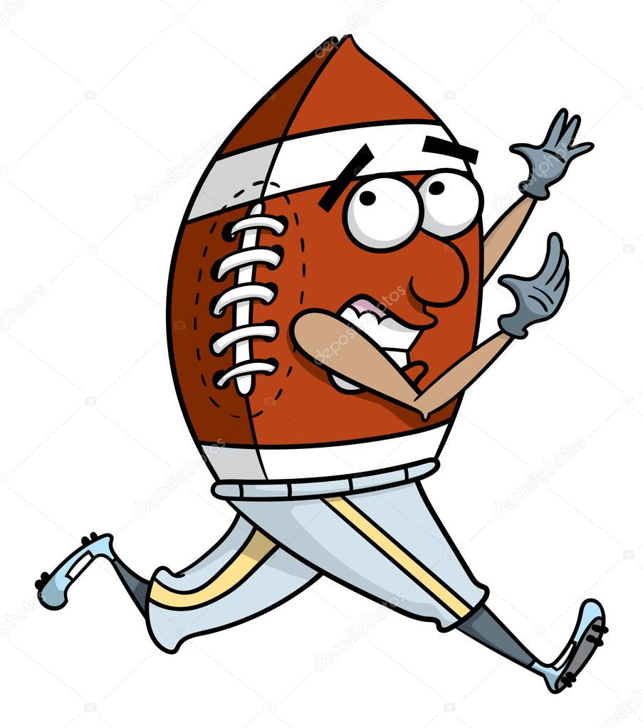 Cartoon style illustration of an American Football ball cartoon character running to take the catch