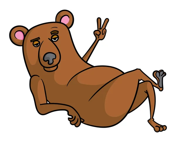 Bir kahverengi ayı karakteri rahatlatıcı ve barış işareti veren Karikatür tarzı illüstrasyon.