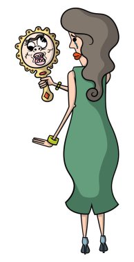 Üzgün bir kadın tutan karikatür tarzı illüstrasyon tutan ve çirkin olarak kendi yansıması görerek bir el aynası içine bakarak.