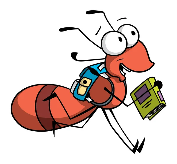 Sırt çantası ve elinde bir kitap ile okula geri çalışan bir karınca çocuk Karikatür tarzı illüstrasyon.