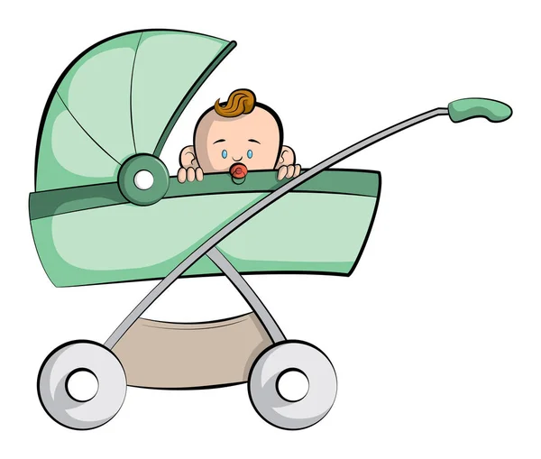 Ilustracja Stylu Cartoon Cute Baby Siedzi Wewnątrz Wózka — Wektor stockowy