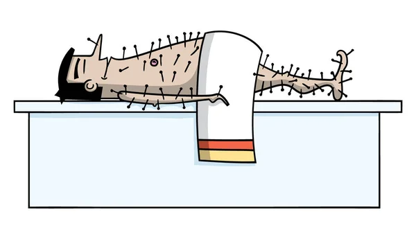 Akupunktur tedavisi gören bir adamın karikatür tarzı illüstrasyon.