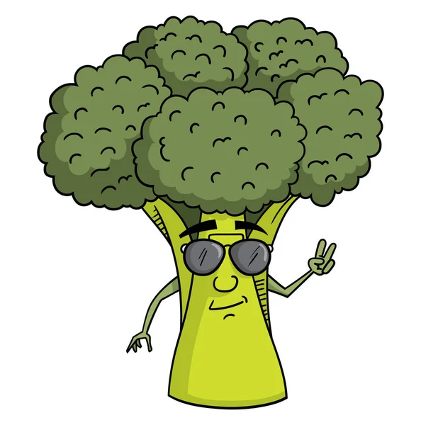 Tecknad Stil Illustration Cool Broccoli Karaktär Som Visar Freds Skylten — Stock vektor