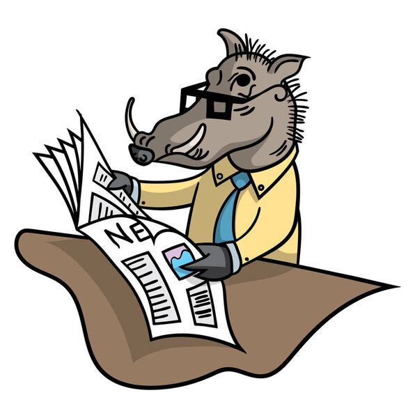 Иллюстрация в стиле мультфильма бородавочника в очках, читающего газету
.