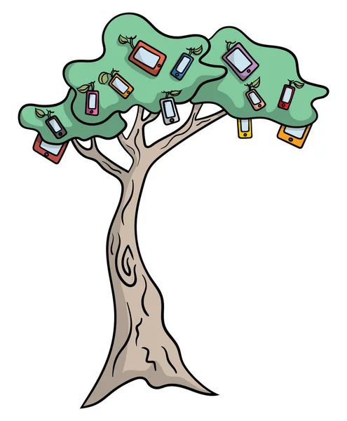 Ilustracja Stylu Kreskówki Drzewa Urządzeniami Mobilnymi Jak Jabłka — Wektor stockowy