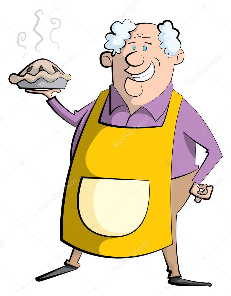 Cartoon illustration of a smiling, jolly elderly fat man holding a fresh pie that he just baked. He has a yellow apron on.