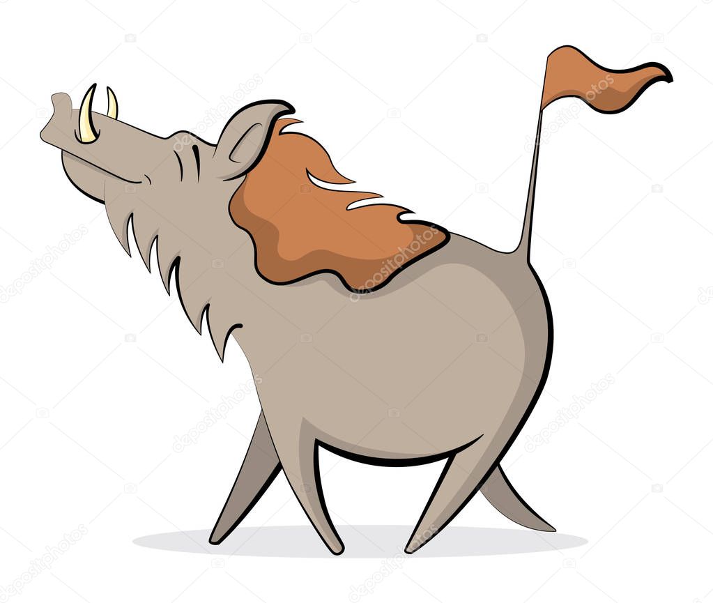 Cartoon style illustration of a cute, cheeky African warthog running with its nose pointing upwards.