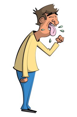Hasta bir adamın mikrop tükürerken ve elini ağzının önünde tutarken diliyle öksürdüğü karikatür illüstrasyonu. 