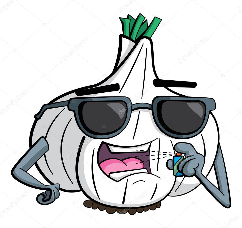 Cartoon style illustration of a cool garlic character wearing sunglasses and freshening its breath with mouth spray.