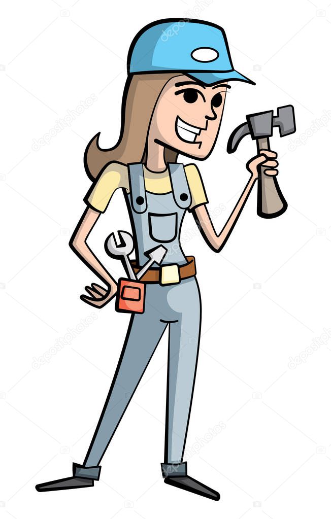Cartoon style illustration of a handy woman holding a hammer. She is wearing a baseball cap and an overalls. She has some tools in her tool belt. 