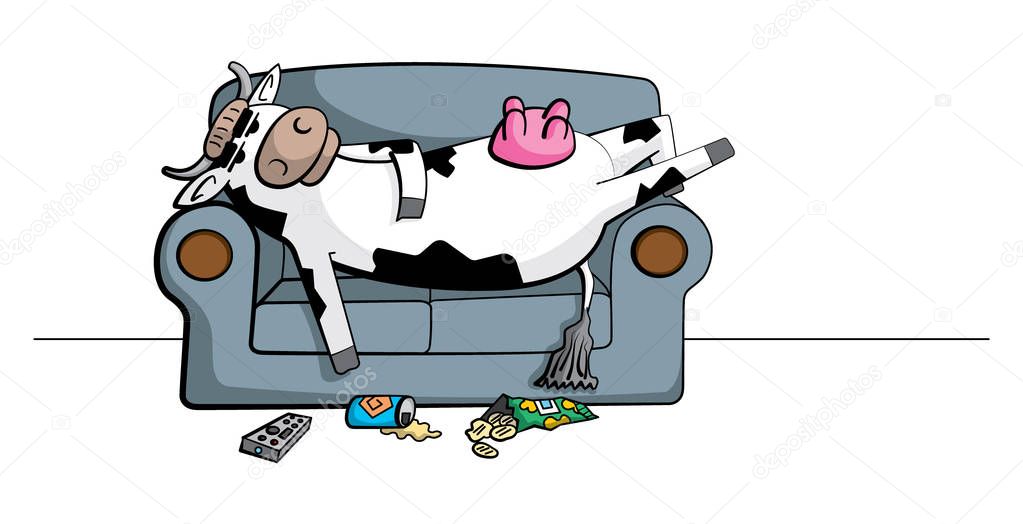 Cartoon illustration of a lazy cow character chilling on the couch with a remote control, drinks can and chips packet on the floor.