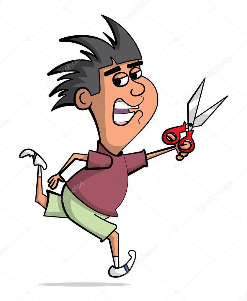 Cartoon illustration of a naughty boy running with scissors.