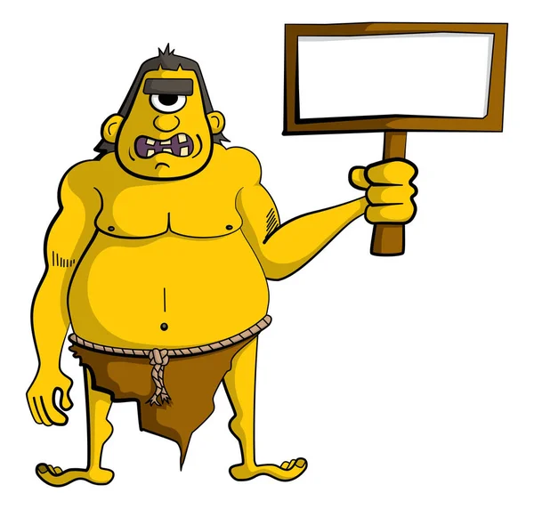 Boş bir işaret tutan büyük, sarı tepegöz trolü karikatür tarzı illüstrasyon.