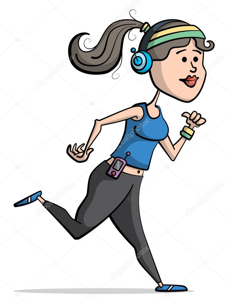 Cartoon style illustration of a woman jogging with wireless headphones.