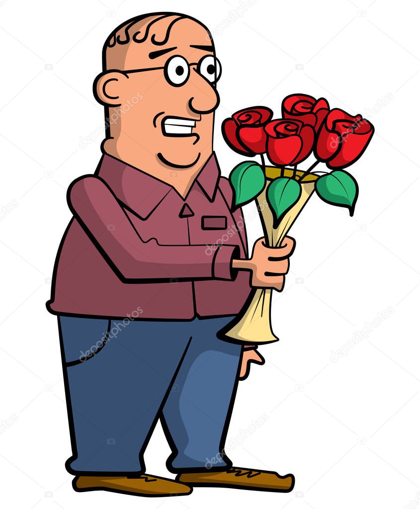 Cartoon style illustration of a balding, middle-aged man smiling awkwardly while holding a bunch of red roses.