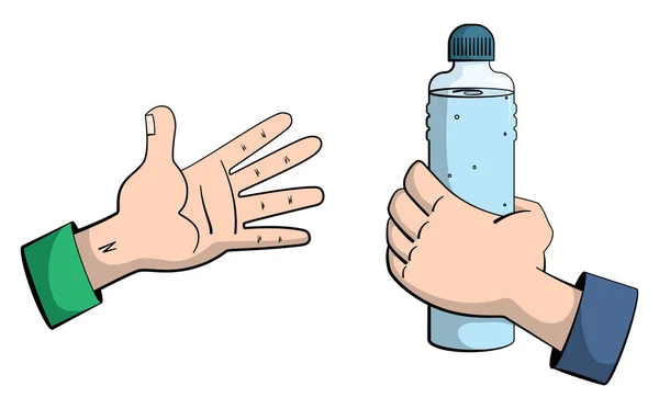 Bir su şişesini tutan bir elin karikatür tarzı illüstrasyonu başka bir ele teslim etmek.