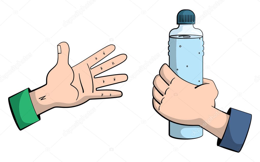 Cartoon style illustration of a hand holding a water bottle handing it over to another, open hand.