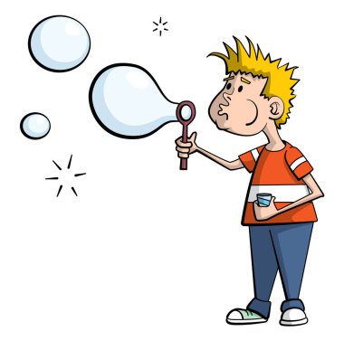 Sarışın, beyaz bir çocuğun çizgi film tarzı illüstrasyon ayakta, sabun kabarcıkları üfleme.