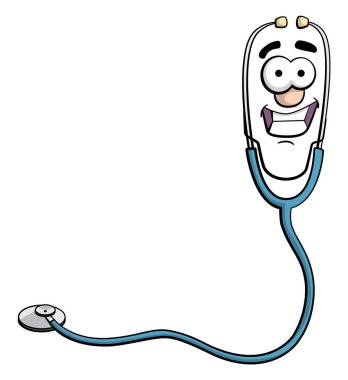 Kameraya bakan samimi, gülümseyen bir stetoskop karakterinin karikatür tarzı illüstrasyon.