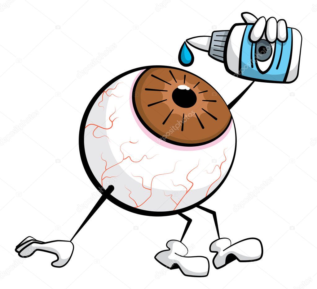 Cartoon style illustration of a sore eyeball character with red veins dripping a drop onto itself from an eyedropper. 